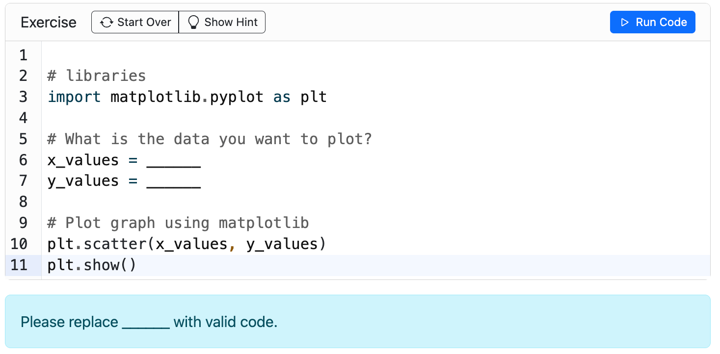 Screenshot showing a short code snippet with gaps to fill, with a 'Run code' button.