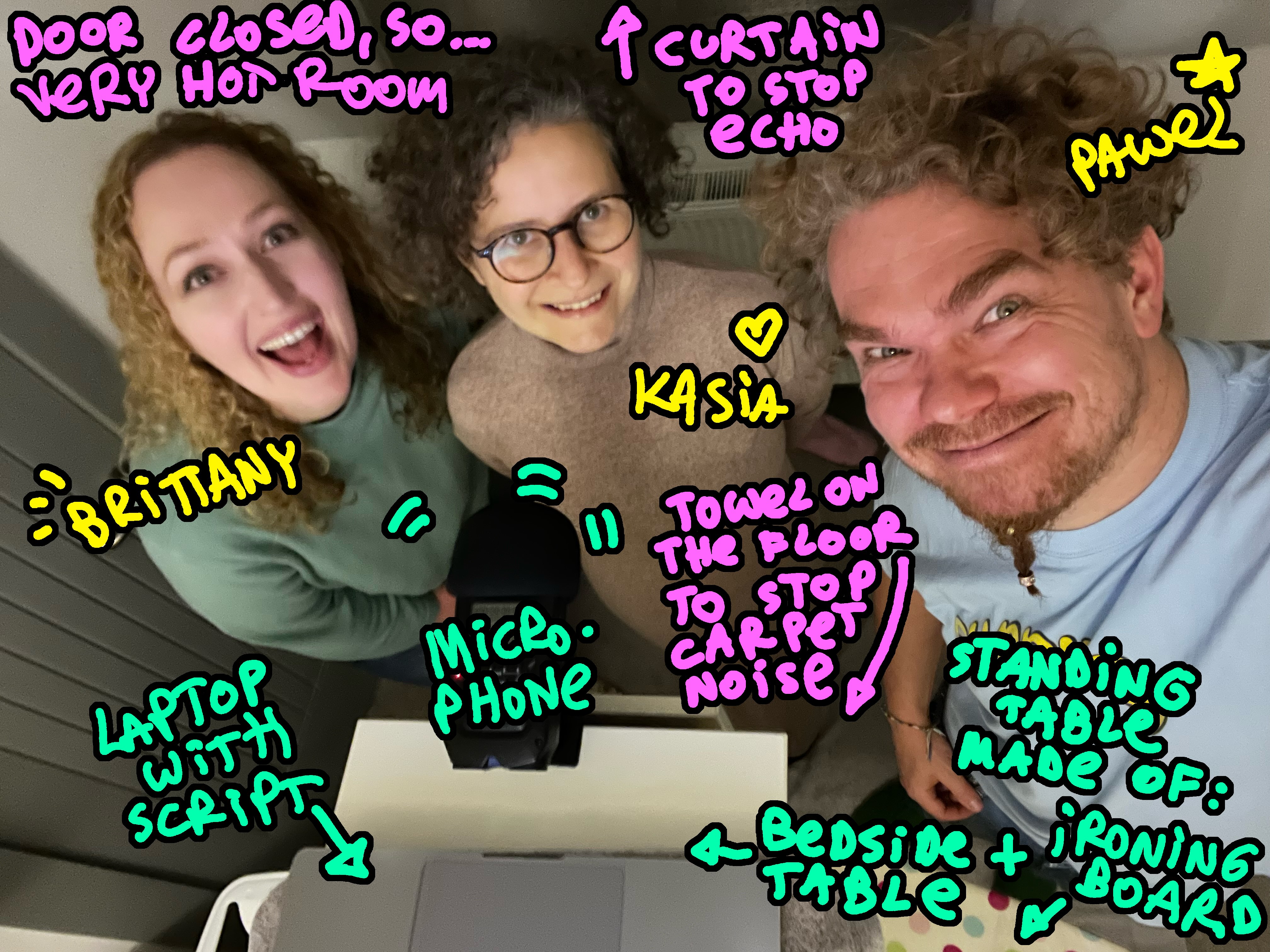 Photo of authors recoring the podcast. On the photo there are annotations about how we created a standing table from ironingboard, and used carpets and curtains to control external noise.