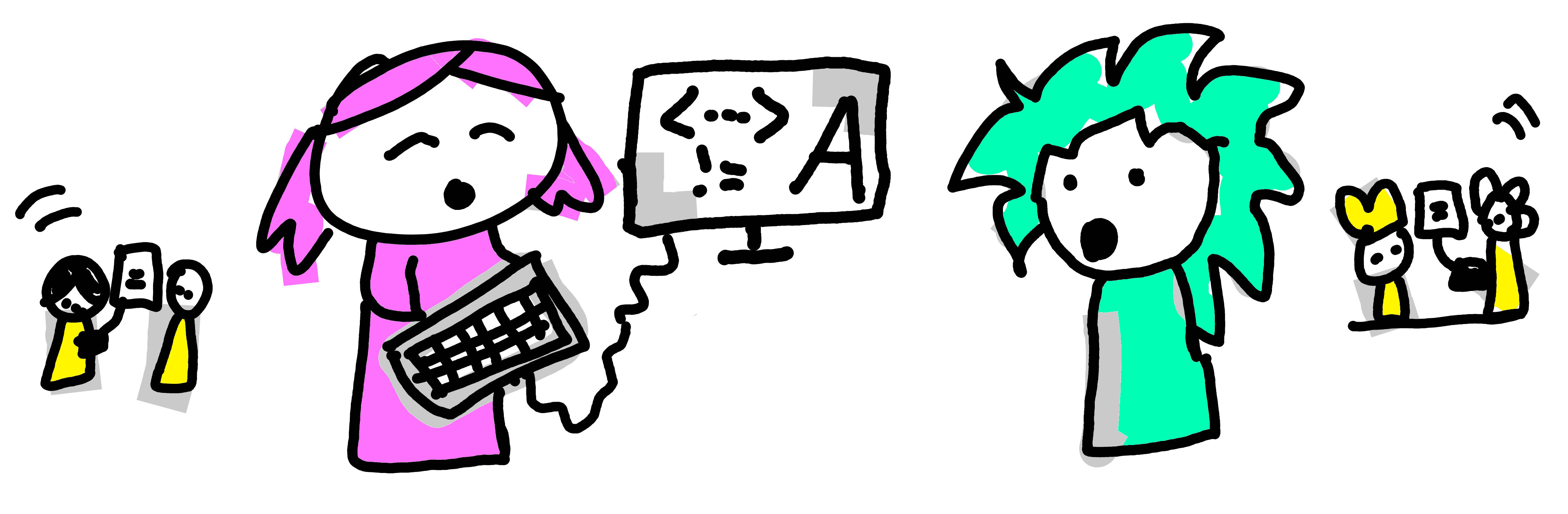 Drawing of two students practicing pair programming - only one is typing on a computer. They talk to each other.