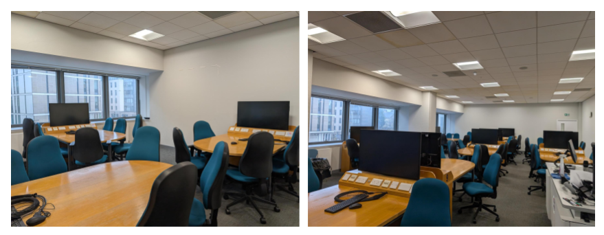 Layout of a “teaching studio” room used for the DAPR1 course labs. There are multiple tables in the room, each with 5-6 chairs and a shared PC screen, which facilitates discussions and groupwork.