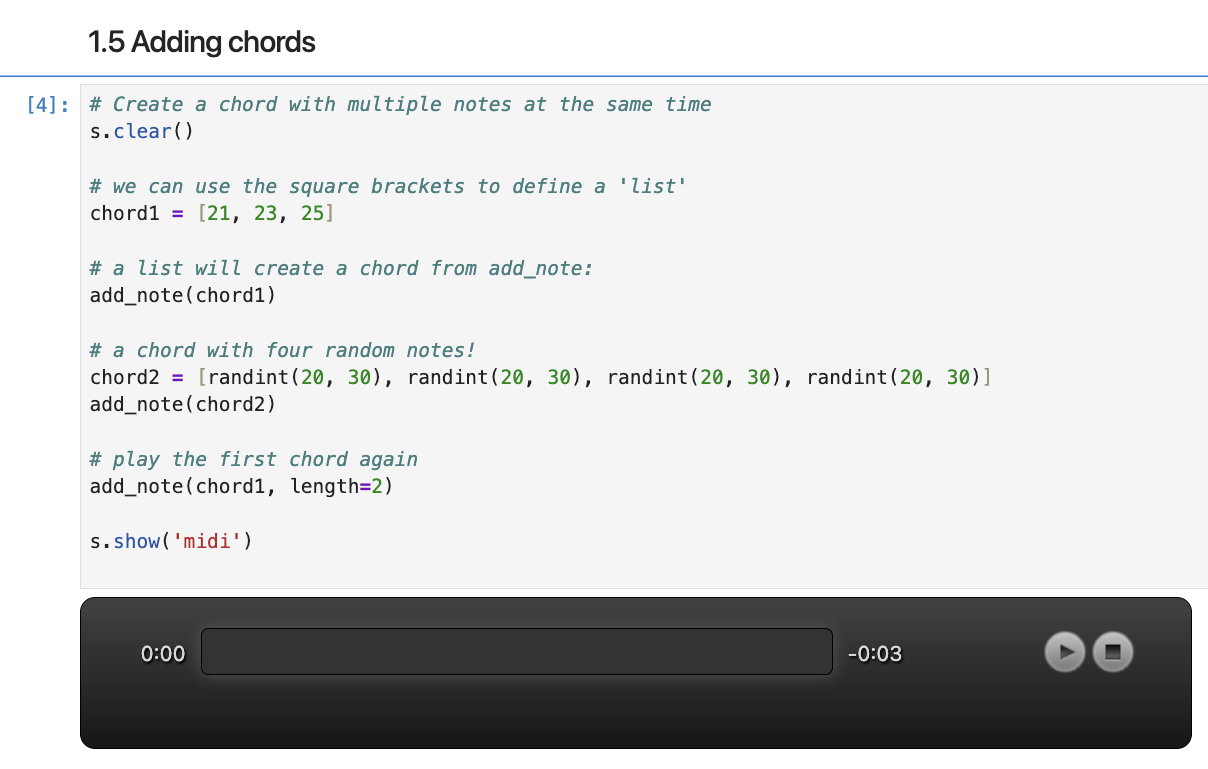 A section of commented Python code which generates a piano chord.