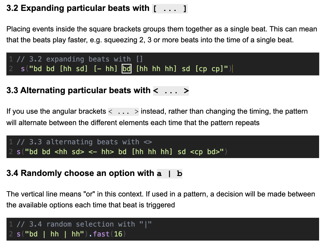 A section of an explanatory document containing brief instructions interspersed with Strudel code samples.