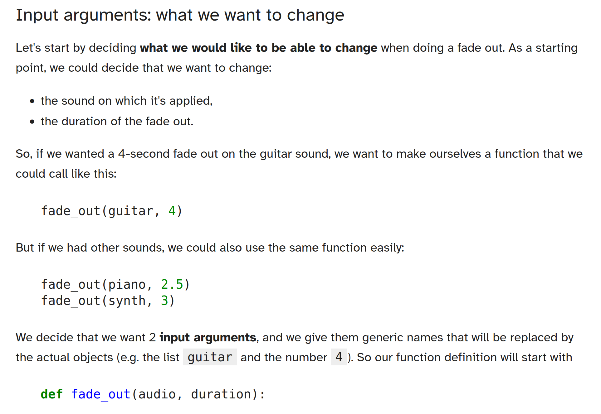A written tutorial section explaining the choice of input arguments for a Python function.