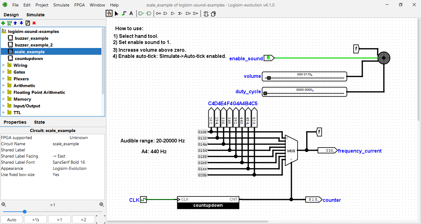 A screenshot of the Logisim Evolution software, showing the digital circuit used to play the C major scale.