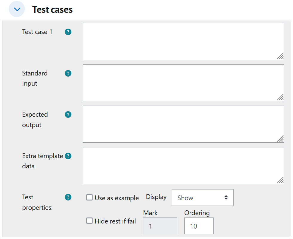 A screenshot of the CodeRunner 'Test Cases' configuration screen in Moodle, showing fields for standard input, expected output, and a table listing multiple test cases. Interface elements include text boxes and controls for adding or editing test cases.
