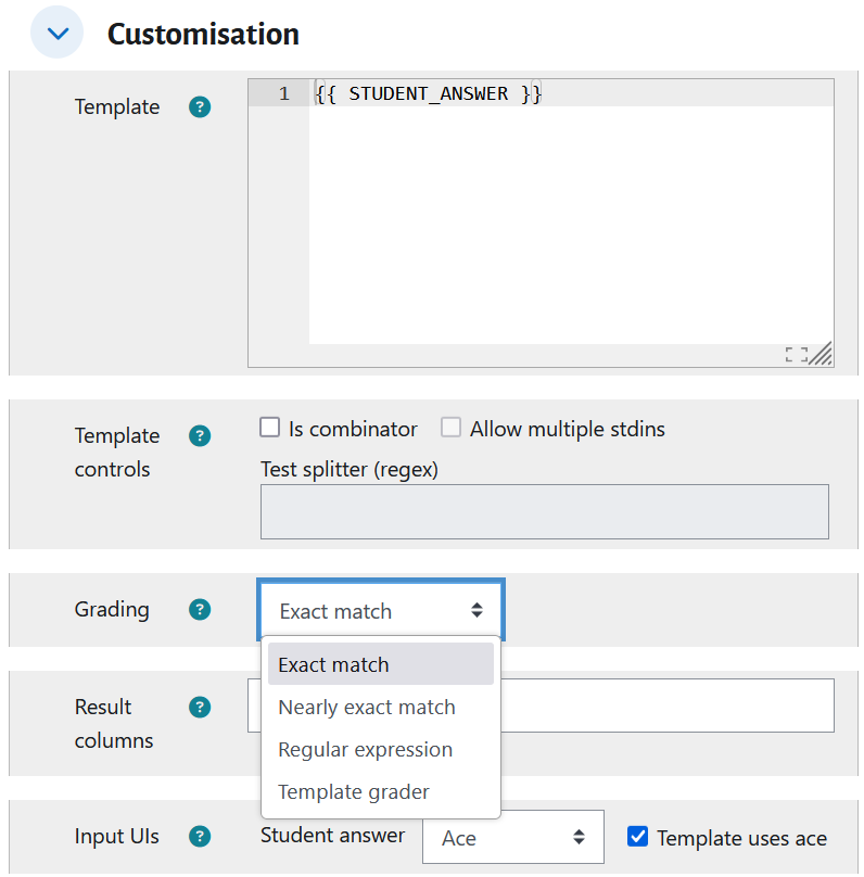 A screenshot of the CodeRunner customisation settings window, displaying options for grading, templates, and advanced configuration for how code submissions are evaluated.