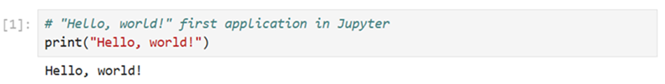 A snippet of Python code using a print function to display the text 'Hello, world'.
