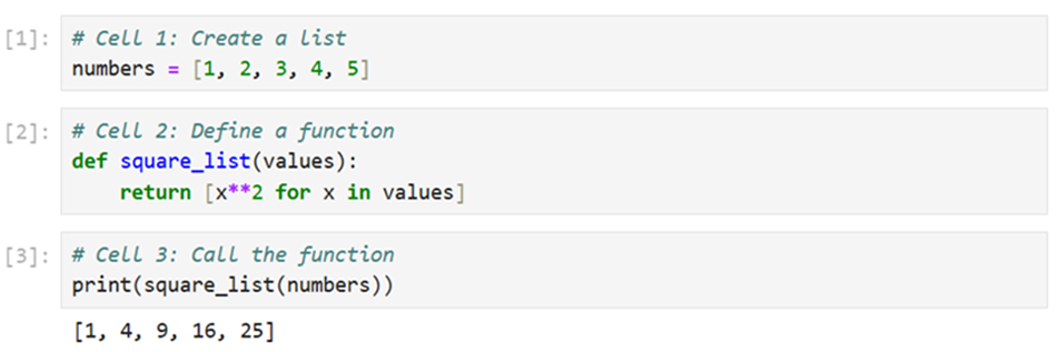 Python notebook with three cells: the first creates a list called 'numbers', the second defines a function 'square_list' that returns the squares of the list elements, and the third prints the squared list.