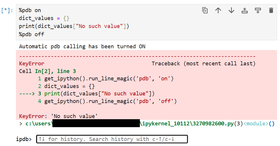 Python notebook cell where an empty dictionary is accessed with a non-existent key, causing a KeyError, with automatic pdb debugging turned on and traceback displayed.