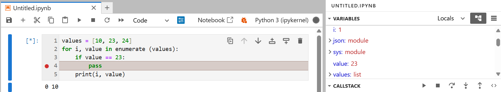 Jupyter Notebook debugging view where code execution is paused inside a for-loop over a list, highlighting the current line and displaying variable values such as the current index and value in the sidebar.