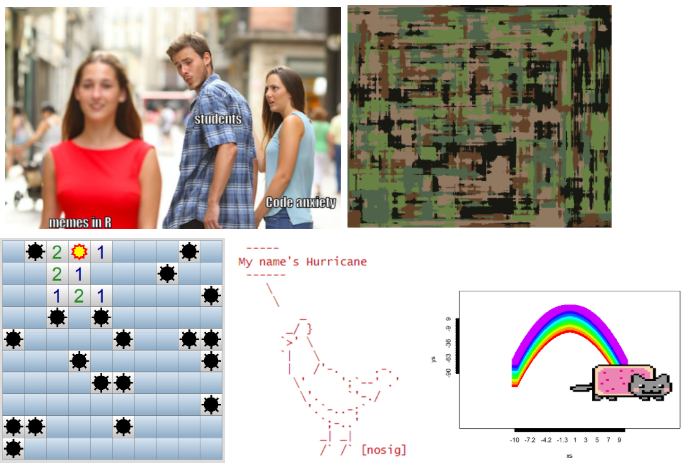 Six examples of fun things you can do in R, using packages memer, emo, aRtsy, fun, CatterPlots and cosway packages.