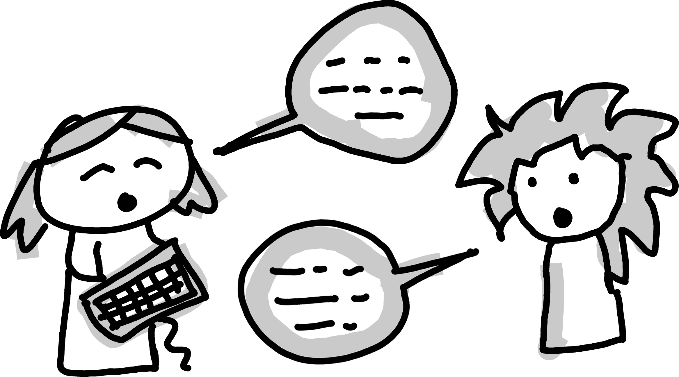 Drawing of two students pair programming together using one keyboard. They take turns saying something, starting with the one holding the keyboard.