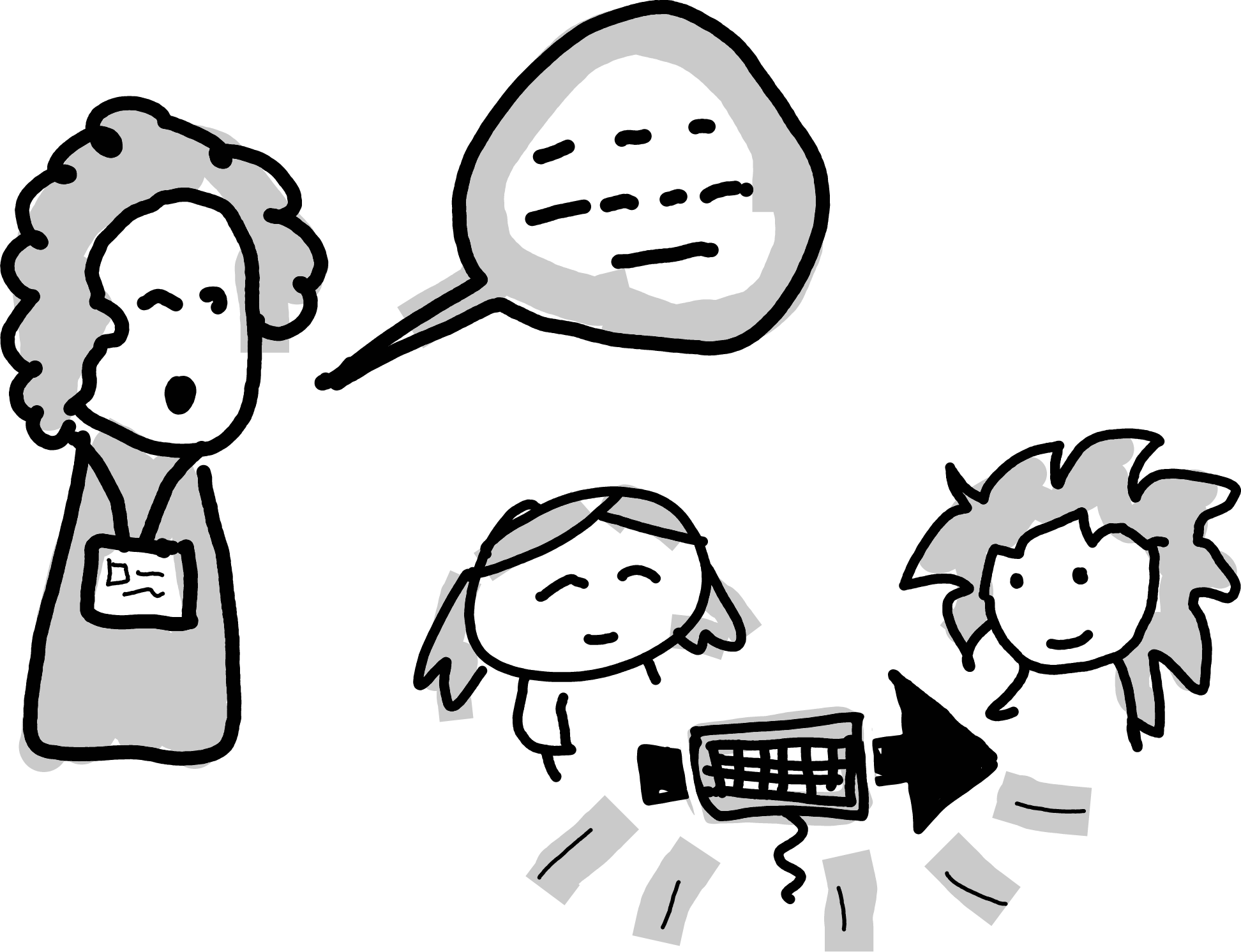 Tutor is approaching a pair of students. Speech bubble shows tutor talking. Students are in the process of passing a keyboard to each other.
