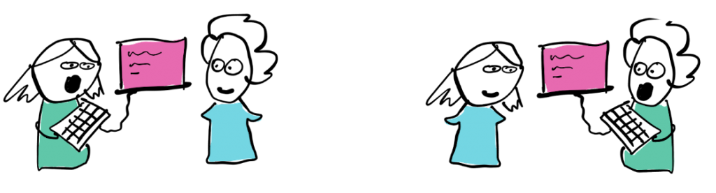 Drawing of two students pair programming together on one computer. On the left one of them is holding keyboard, then on the right the other one is holding the keyboard.