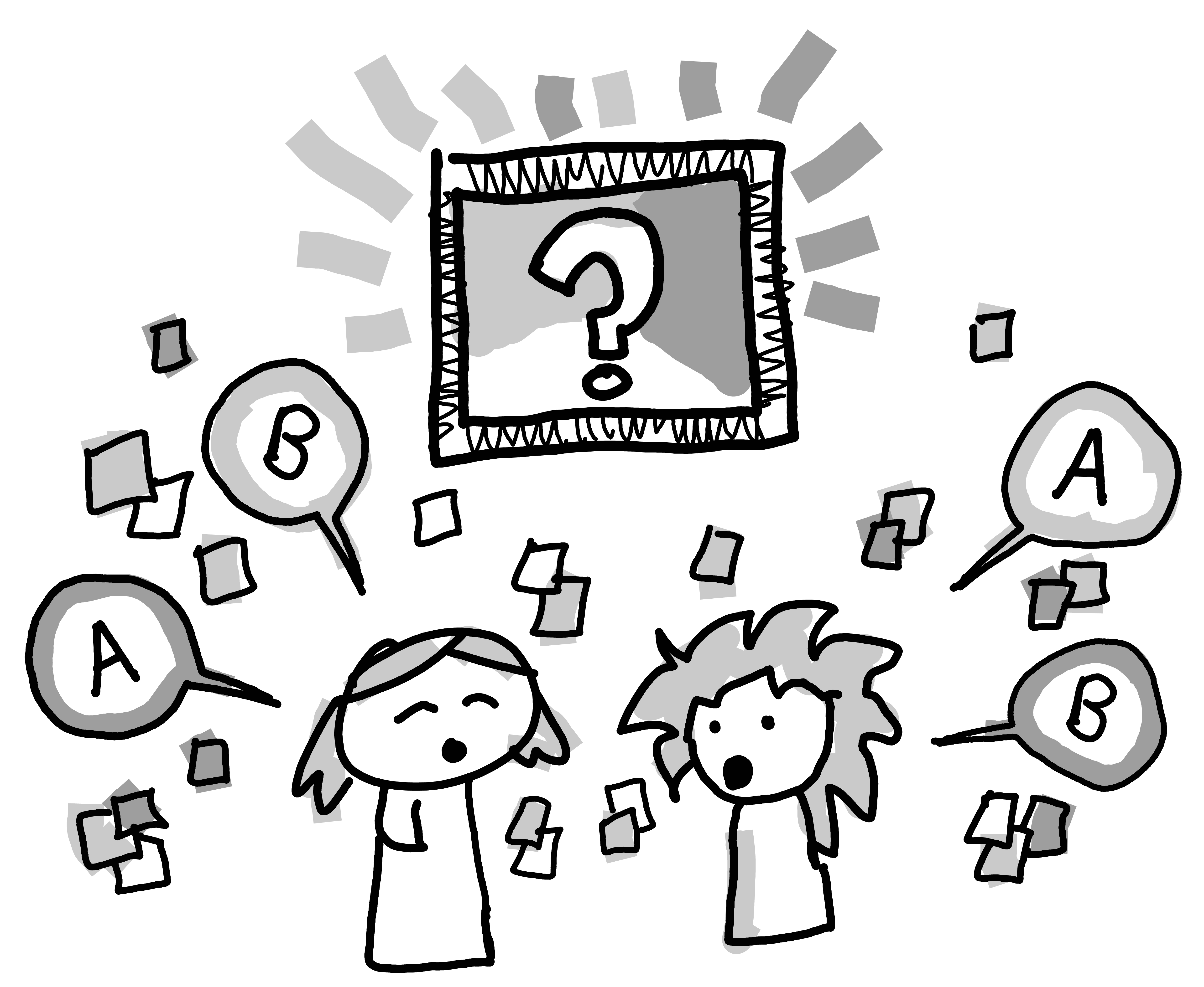 Two students stand before a large, glowing square containing a question mark. They are surrounded by scattered square fragments, which look like post-it notes. Both students are engaged in discussion; with 'A' and 'B' speech bubbles.
