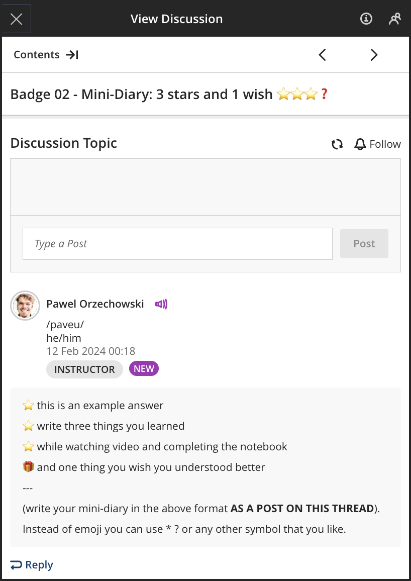 Screenshots of virtual learning environment showing discussion forum with 3s1w. First example post is written by the instructor.